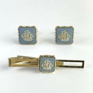 WEDG WOOD(ウェッジウッド) アクセサリー美品 ジャスパー ゴールド×ブルーグレー×白 カフス×1点/ネクタイピン×1点