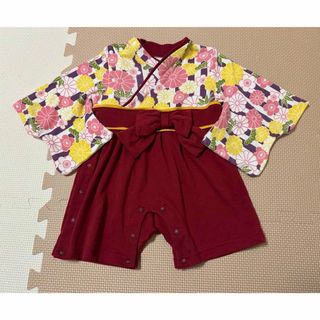袴ロンパース　花柄　和風　ベビー　誕生日　お食い初め　七五三　70cm