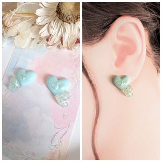 ぷっくり うるツヤ ツインハート ピアス イヤリング ミントグリーン